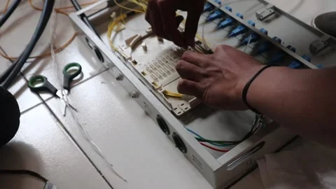 Internet network technicians maintain fiber optic cables Stock Footage 343328876