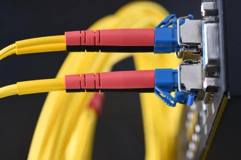 Internet network technology, fiber optic cable connected to switch Foto stock