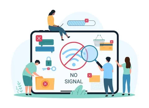 Internet offline, weak or no online network signal error message for tiny people Stock Illustration