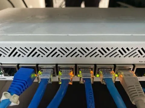 Internet or UTP network cable connected to the patch panel or router Foto stock