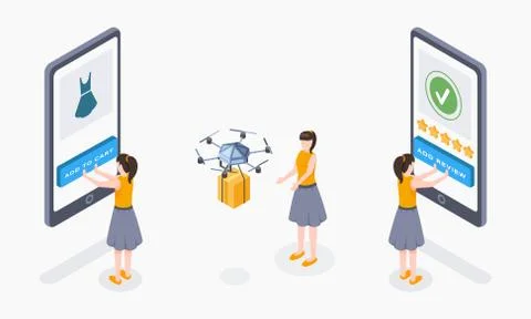 Internet orders isometric illustrations set. Cartoon girl purchasing clothes Stock Illustration