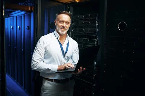 Internet, programmer and man with laptop, portrait and cyber security with Stock-Fotos