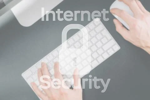 Internet protection. Security computer Data symbol on blured keyboard backgro Foto stock