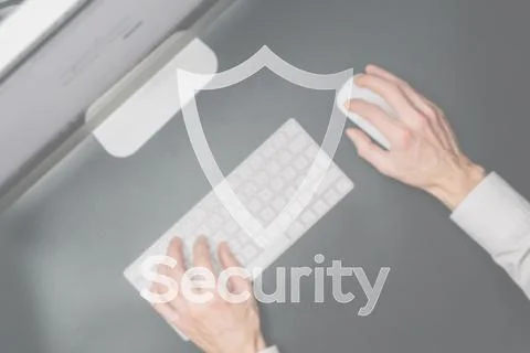 Internet protection. Security computer Data symbol on blured keyboard backgro Foto stock