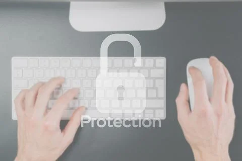 Internet protection. Security computer Data symbol on blured keyboard backgro 스톡 사진