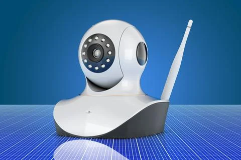 Internet Protocol camera on digital, futuristic backdrop, 3D rendering Ilustración de archivo