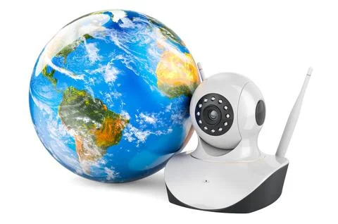 Internet Protocol camera with Earth Globe, 3D rendering Ilustração Stock