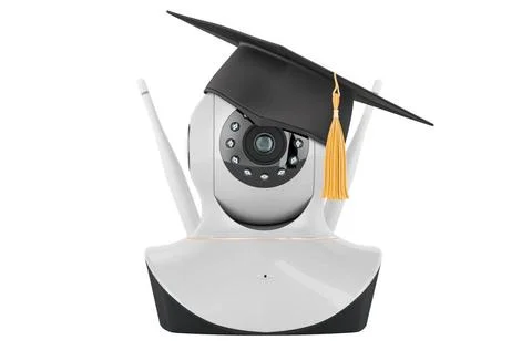 Internet Protocol camera with graduation cap. 3D rendering Internet Protoc... Stock Photos