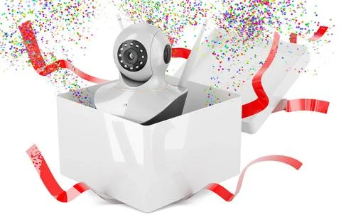 Internet Protocol camera inside gift box, present concept. 3D rendering In... Stock Photos