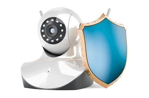 Internet Protocol camera with shield, 3D rendering Ilustração Stock