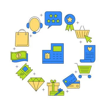 Internet purchase round concept poster in line style Stock Illustration
