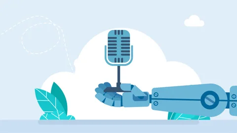 Internet recording, online broadcasting. Robot hand holding a mic. Podcasting Stock Footage 340191681