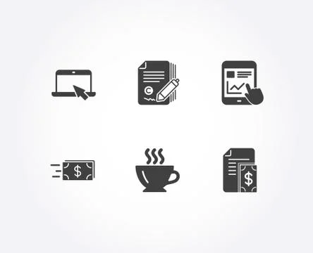Internet report, Portable computer and Coffee icons. Copywriting, Money transfer Stock Illustration
