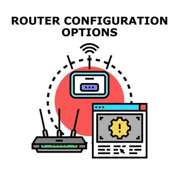 Internet router configuration options with warning icon Stock Illustration