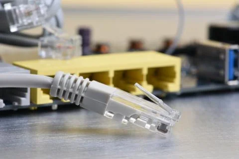 Internet router with network patch cord 스톡 사진