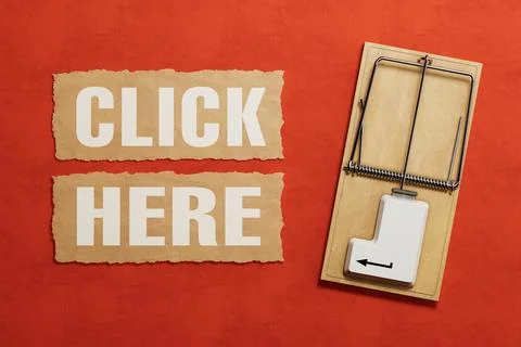 Internet Scam Concept. Computer Mouse Trap With Click Here Text Symbolizing.. Stock Illustration