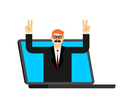 Internet scammer. Guy with fake moustache and glasses promises earnings. On.. Stock Illustration