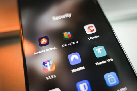 Internet security apps on smartphone. Digital security and safety concept Stock Photos