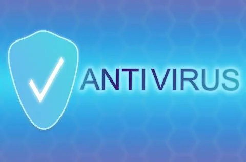Internet security. Bright blue background with digital shield. Antivirus prot Stock Photos