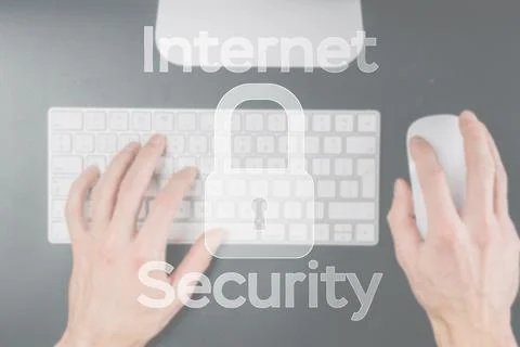 Internet security computer data symbol on blured keyboard background. Hacker  Stock-Fotos