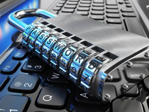 Internet security concept. Laptop and safe lock with password. Internet se... Stock Photos
