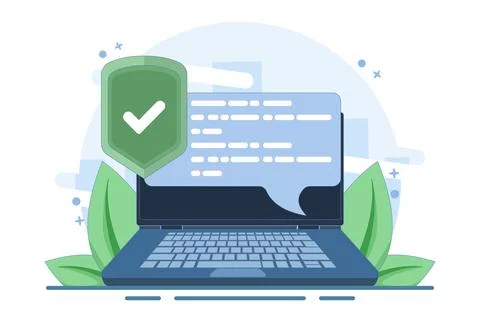 Internet security concept, laptop security message speech bubble. Illustrazione stock