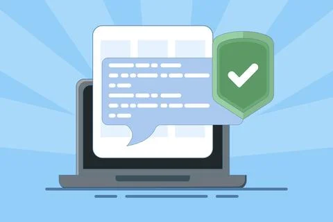 Internet security concept, laptop security message speech bubble. Illustrazione stock