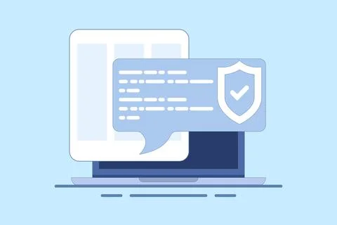 Internet security concept, laptop security message speech bubble. Illustrazione stock