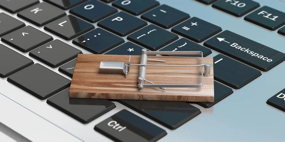 Internet security concept. Mouse trap on a computer keyboard. 3d illustration 스톡 일러스트