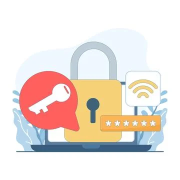 Internet security concept with Wi-Fi encryption, secure passwords. Illustrazione stock