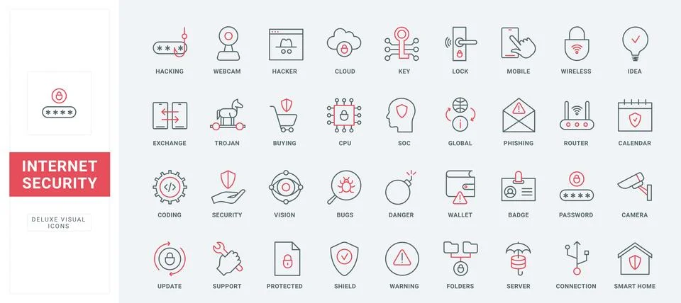 Internet security, data protection from fraud, phishing thin black and red line Illustrazione stock