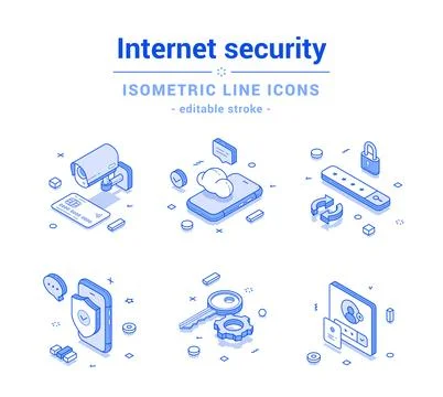 Internet security data protection password login outline line isometric icon  스톡 일러스트