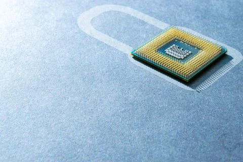 Internet security. Digital computer processor, network motherboard chip on da Foto stock