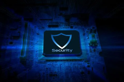 Internet security. Digital computer processor, network motherboard chip on da 写真素材