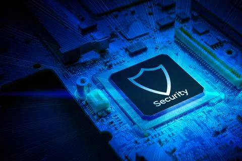 Internet security. Digital computer processor, network motherboard chip on dark Stock Photos