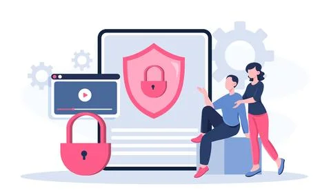 Internet security expert. Man and woman near blocked video on Internet. User Stock Illustration