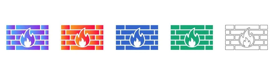 Internet Security Firewall with Burning Flame Symbol Icons Stock Illustration