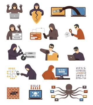 Internet Security Hackers Flat Icons Set Illustrazione stock