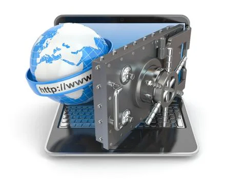 Internet security. laptop and opening safe deposit box's door. Stock Illustration