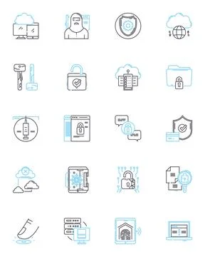 Internet security linear icons set. Firewall, Encryption, Phishing, Spyware 스톡 일러스트