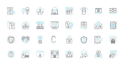 Internet security linear icons set. Firewall, Encryption, Phishing, Spyware Stock Illustration