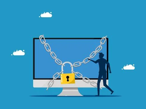 Internet Security. man and computer locked with padlock. vector Ilustración de archivo