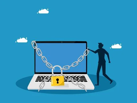 Internet Security. man and laptop locked with a padlock Illustrazione stock