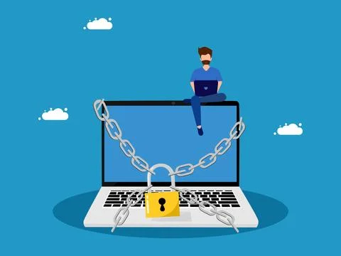 Internet Security. man and laptop locked with a padlock. vector Illustrazione stock