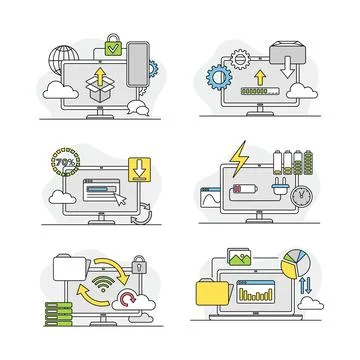 Internet security services linear signs set. Cloud computing technology Stock Illustration