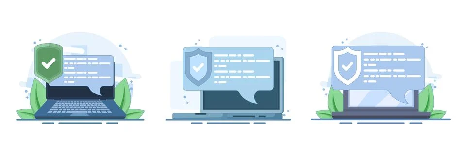 Internet security set featuring a protected laptop, shield check mark. Illustrazione stock