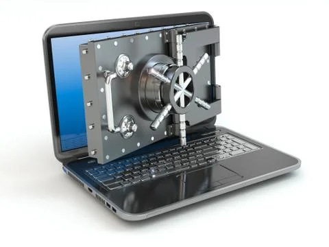 Internet security.laptop and opening safe deposit box's door. Stock Illustration