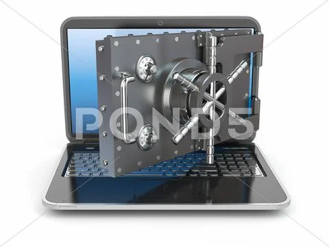 Internet security.laptop and opening safe deposit box's door. Stock Illustration