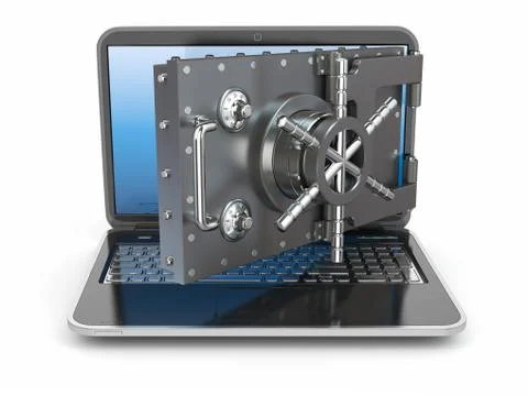 Internet security.laptop and opening safe deposit box's door. Stock Illustration
