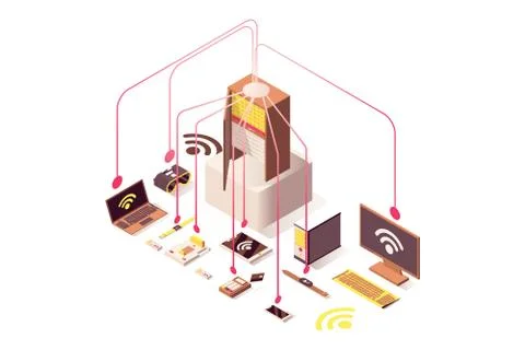 Internet server vector isometric illustration. Computer hardware equipment Stock Illustration